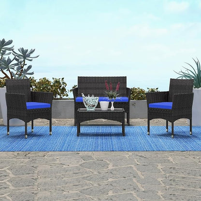 Patio Furniture, 4 Piece Conversation Set, Outdoor Wicker Rattan Table and Chairs, Sectional Sofa with Thick Cushion for Garden, Yard, or Porch, Dark Brown