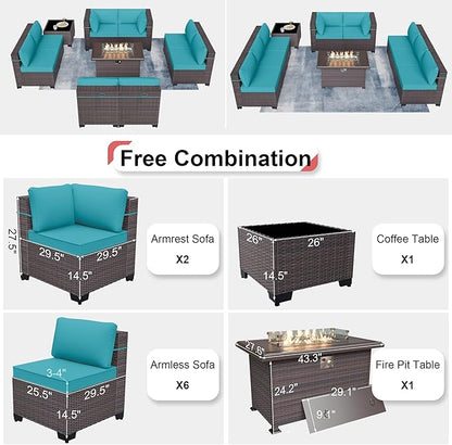 Patio Furniture Sectional Sofa Set 10-Pieces PE Rattan Patio Conversation Set w/43in Gas Fire Pit Table, Outdoor Furniture with 55000 BTU Propane Fire Pit, Blue