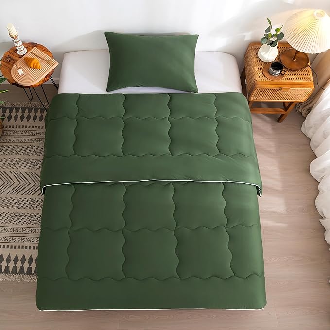COTTEBED 2 Pieces Ultra-Soft Olive Green Twin XL Bedding Comforter Set, Twin Size Jersey Knit T-Shirt Feel Cozy Cute Lightweight Quilt Blanket for Kid Teens School College Dorm All Season Use 68"x92"