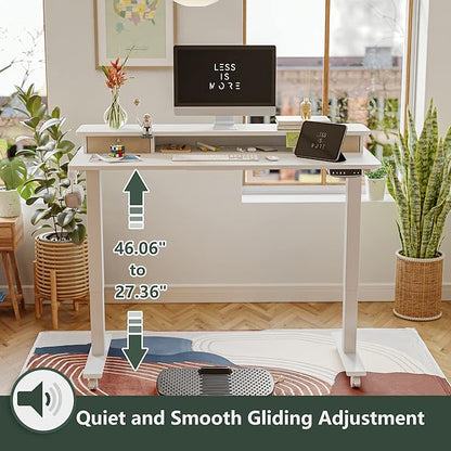 FEZIBO 40 x 24 Inch Height Adjustable Electric Standing Desk with Double Drawer, Stand Up Desk with Storage Shelf, Sit Stand Desk, White