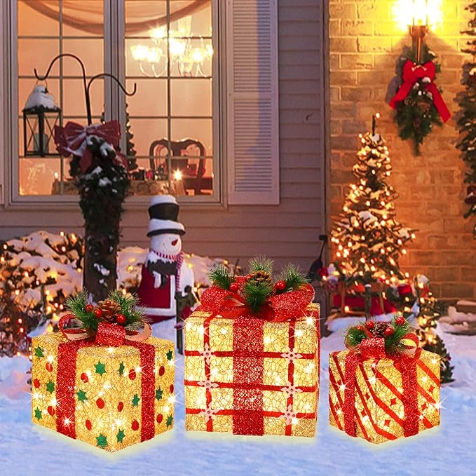 [Large 9.5"x8"x6.5" Christmas Set of 3 Lighted Gift Boxes Decorations Pre-lit 70 Super-Bright LED with Flashers,for Indoor Outdoor Christmas Tree Skirt Ornament Pathway Holiday Party Home