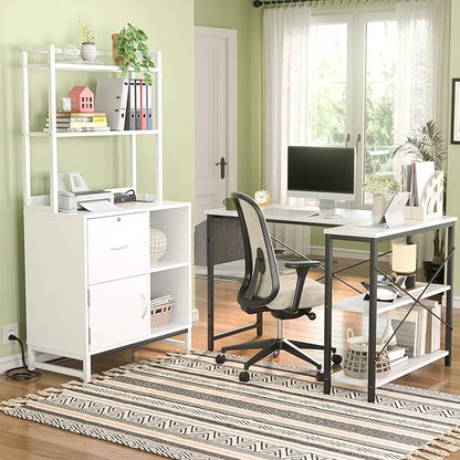 Homieasy Vertical Filing Cabinet with Lock & Charging Station, Large Drawer Wood File Cabinet with Bookshelf, Printer Stand with Open Storage Shelf, fits Letter Size for Home Office, White