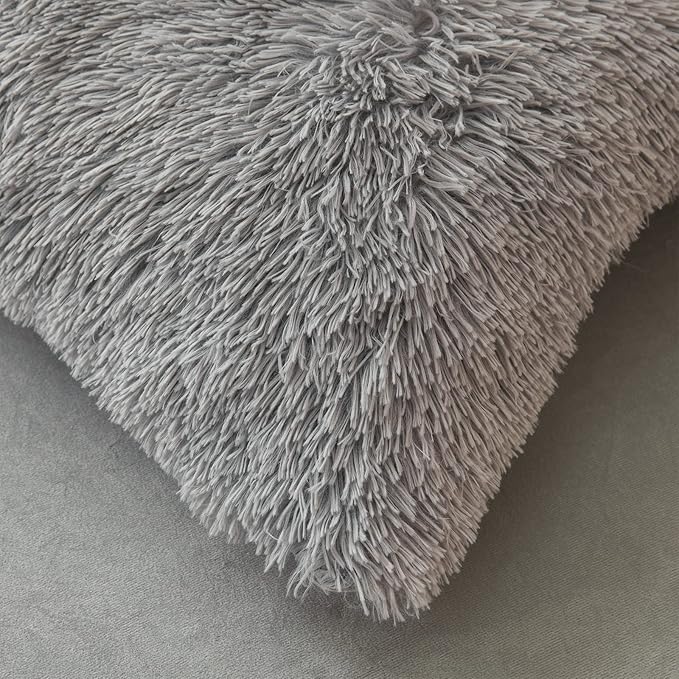 FOPPA Gray Fuzzy Plush Comforter Cover Set Queen - Ultra Soft Plush Gray Bedding Sets 3 Pieces (1 Faux Fur Duvet Cover + 2 Shaggy Pillow case) Fluffy Bed Set (Gray, Queen)