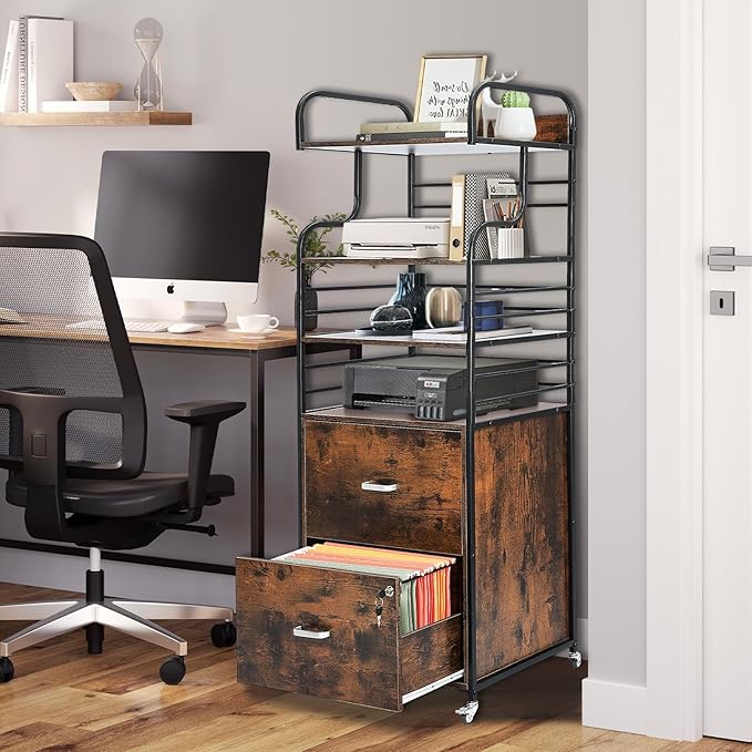 Vertical File Cabinet, 2 Drawer Mobile Filing Cabinet with 3 Bookshelf, Printer Stand with Open Storage Shelves Fits A4/Letter/Legal Size File Cabinets for Home Office Organizer, Brown