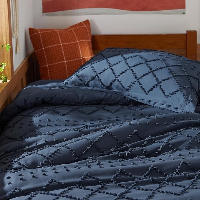 Bedsure Twin/Twin XL Comforter Set - Navy Boho Twin Extra Long Comforter Set for College, Shabby Chic Dorm Bedding Set, 2 Pieces Modern Farmhouse Bed Set, includes 1 Pillow Sham