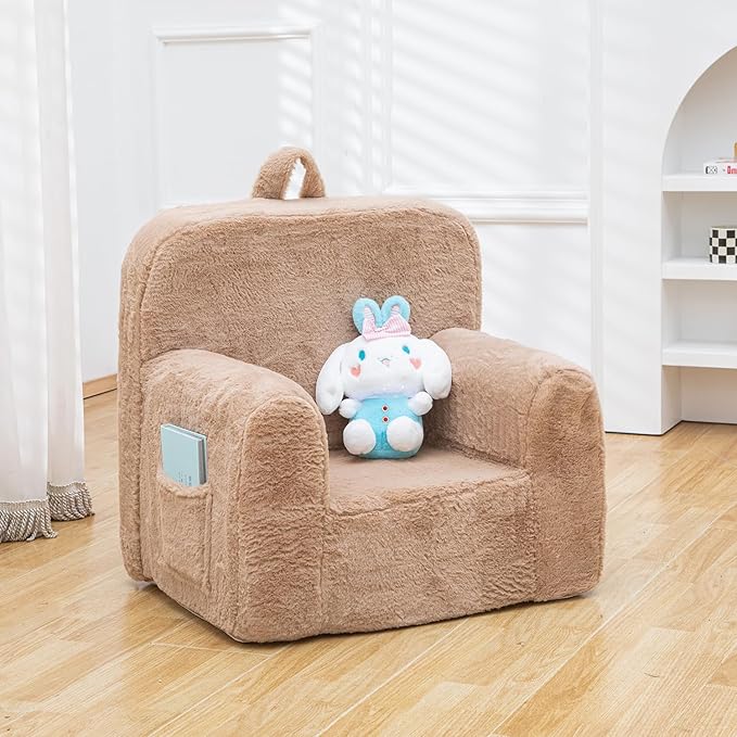 Snuggly-Soft Cuddly Toddler Plush Armchair for Boys and Girls Fuzzy Plush Kids Sofa Couch Reading Chair with Children Friendly Handle for Easy Movement & Double Pockets for Good Storage, Camel