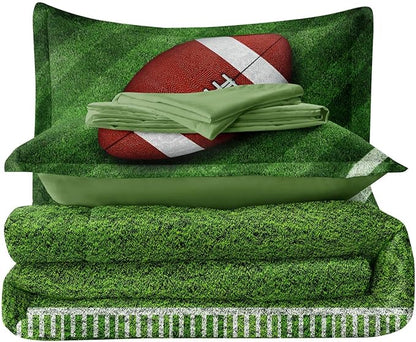 Football Comforter Set Twin Size for Teen Boys, Kids Football Field Bedding Green Themed Bedroom Set with Sheets, Twin Bed in a Bag Set