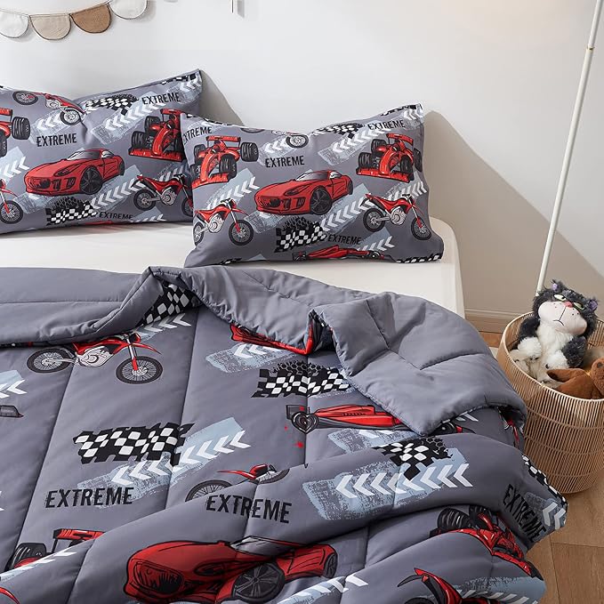 beeweed 2 Piece Kid Comforter Set Twin Size, Racing Car Bedding Set for Teen Boys Girls