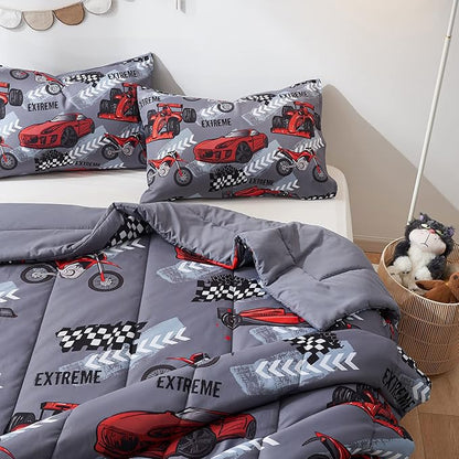 beeweed 2 Piece Kid Comforter Set Twin Size, Racing Car Bedding Set for Teen Boys Girls