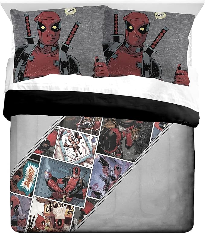Jay Franco Marvel Deadpool Bite Me Queen Comforter & Sham Set - Super Soft Kids Bedding - Fade Resistant Microfiber (Official Marvel Product)