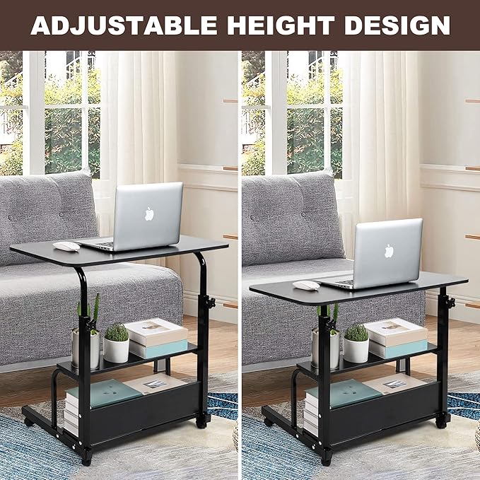 Adjustable Home Office Desk Portable Student Study Computer Desk Furniture for Small Spaces Movable Sofa Side Table on Wheels Laptop Desk with Storage Black Size 31x16 Inch