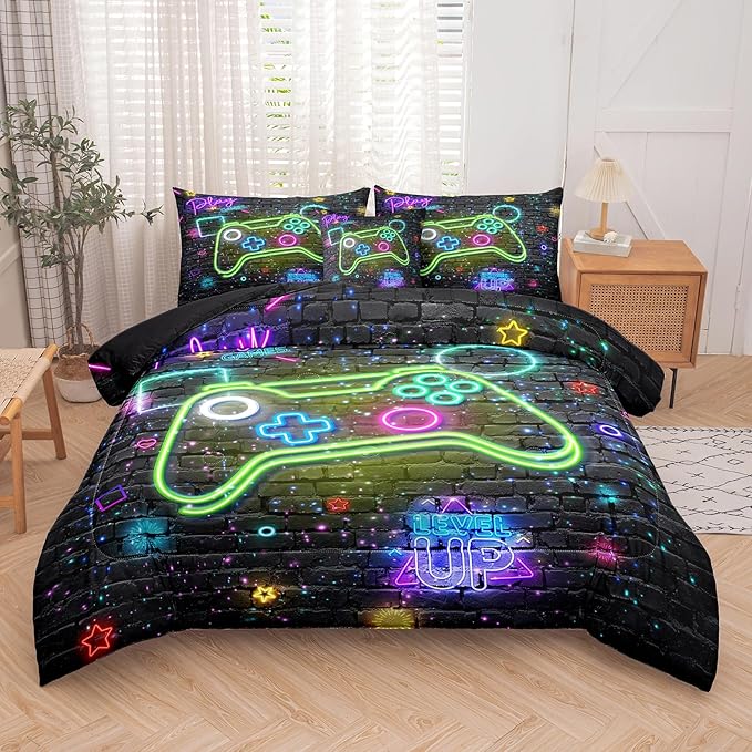 NINENINE 6PCS Gamer Bedding Sets for boys,Twin Comforter Sets for Boys, Gaming Bedding Sets for boys gamer Bedding Comforter Sheet Set(1Comforter,1Flat Sheet,1Fitted Sheet,1Cushion Cover,2Pillowcases
