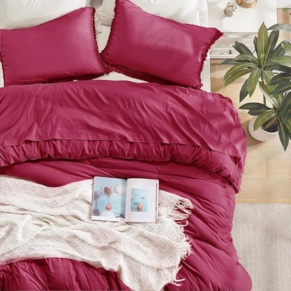 Andency Burgundy Red Tassel Comforter Set Full(79x90Inch), 3 Pieces(1 boho Comforter, 2 Pillowcases) Farmhouse Shabby Chic Comforter Set, Soft Microfiber Lightweight Fringe Bedding Comforter Set