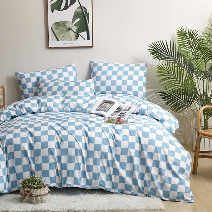Blue White Grid Comforter Set Full Blue Plaid Bedding Set Girls Blue and White Checkered Bed Comforter Set Breathable Blanket Set Kids Durable Bedding Comforter Set