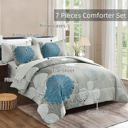 Yiran 7 Pieces Bed in a Bag King Comforter Set Blue Floral Comforter Sets Soft Microfiber Flowers Bedding Set (1 Comforter 1 Flat Sheet 1 Fitted Sheet 2 Pillowshams 2 Pillowcases)