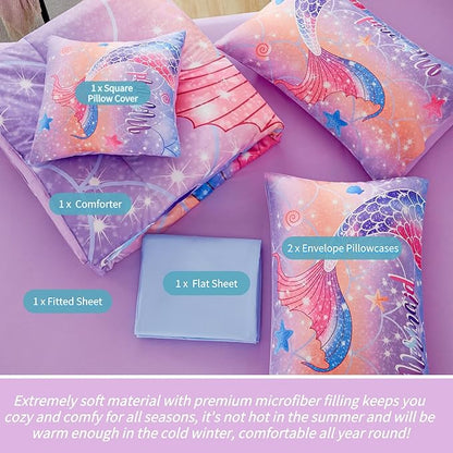 RYNGHIPY Full Bed in a Bag for Kids Teens Girls 6 Pieces, Soft Bedding for All Seasons, Cute Mermaid Tail Kids Bedding Set, Leightweight Girls Fluffy Bed Set