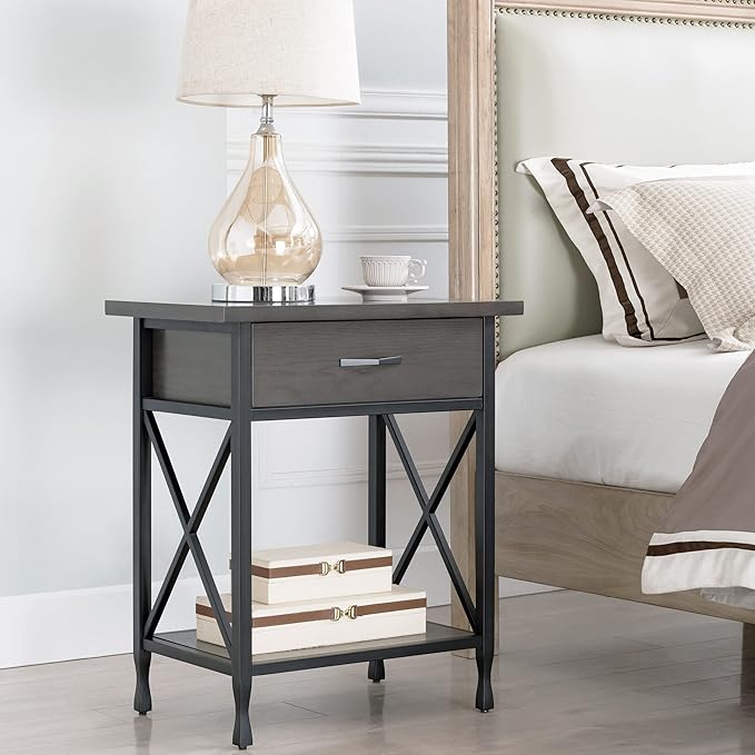 Leick Home 23022 Chisel & Forge One Drawer Nightstand with Shelf, Gray/Matte Black