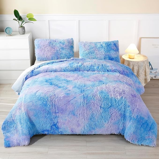 WINLIFE Shaggy Bedding Comforter Set Faux Fur Flannel Furry Comforter Microfiber Plush Comforter Sets Pastel Gradient Ombre Tie Dye MultiColor Bedding for Girls Adults (3Pcs, Twin, Purple Blue)