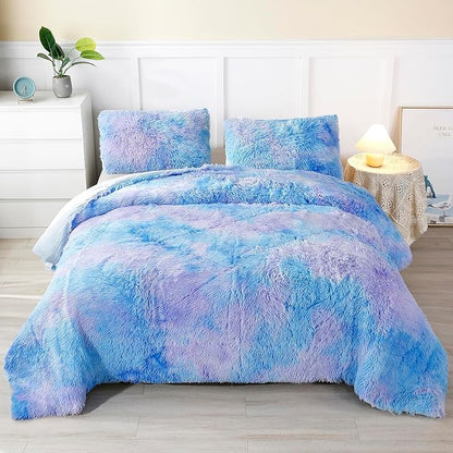 WINLIFE Shaggy Bedding Comforter Set Faux Fur Flannel Furry Comforter Microfiber Plush Comforter Sets Pastel Gradient Ombre Tie Dye MultiColor Bedding for Girls Adults (3Pcs, Queen, Purple Blue)