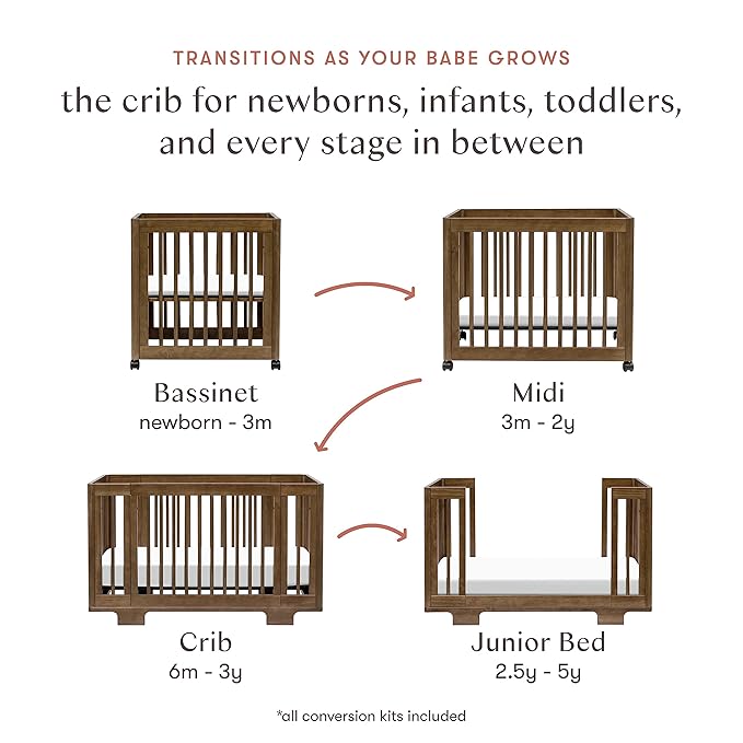 Babyletto Yuzu Convertible All-Stages Bassinet, Midi, Full-Size Crib in Natural Walnut, Greenguard Gold Certified, Portable & Adjustable with Conversion Kits and Pads Included