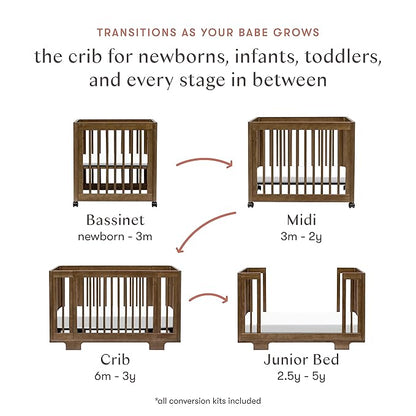 Babyletto Yuzu Convertible All-Stages Bassinet, Midi, Full-Size Crib in Natural Walnut, Greenguard Gold Certified, Portable & Adjustable with Conversion Kits and Pads Included