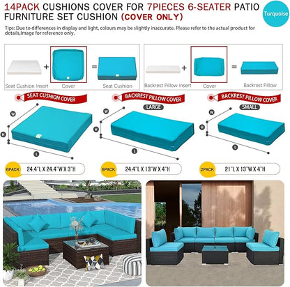 ClawsCover 14Pack Outdoor Seat and Back Cushions Replacement Covers Fit for 7Pieces 6-Seater Wicker Rattan Patio Furniture Set Sectional Couch Chair,Turquoise-Include Cover Only (Small)