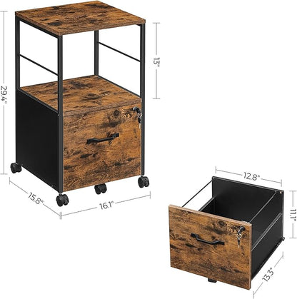 VASAGLE Filing Cabinet for Home Office, Printer Cabinet, Rolling File Cabinet with Drawer and Lock, for Suspended Folder, A4 and Letter Sized Documents, Industrial, Rustic Brown and Black UOFC044B01