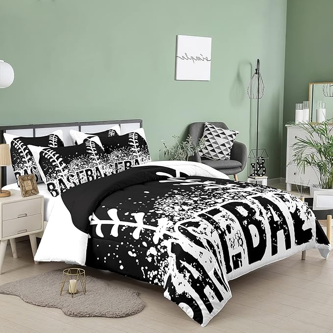 Bodhi Kids Comforter Twin,Boys Baseball Comforter Set,Teen Boy Bedding Set for Kids,Black and White Comforter Bedding Set with Pillowcases,Sports Baseball Bedding Set