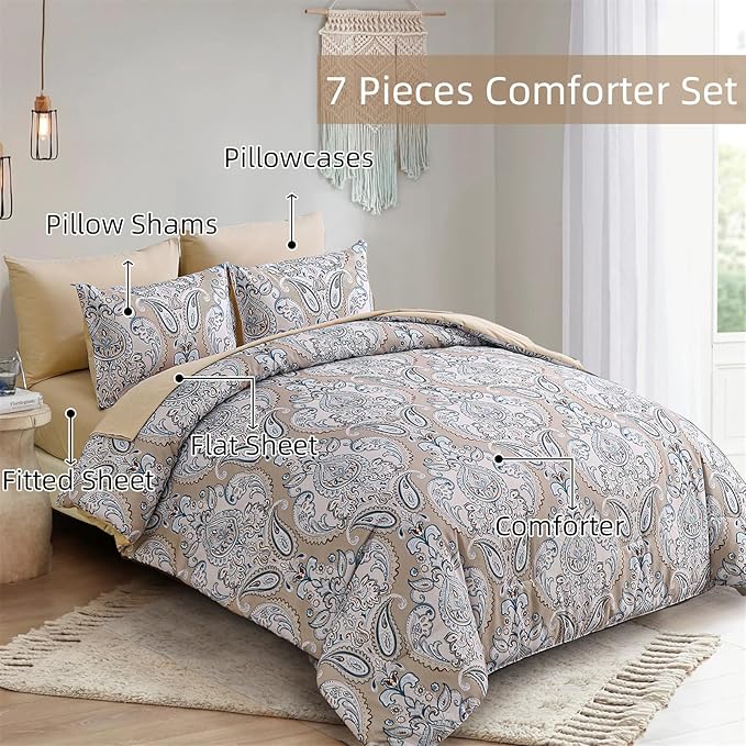 Yiran 7 Pieces Paisley Bedding Set Comforter Set Brown Boho Floral Bed in a Bag Microfiber Comforter Queen Size 90"×90"(1 Comforter,2 Pillowcases,2 Pillow Shams,1 Flat Sheet,1 Fitted Sheet)
