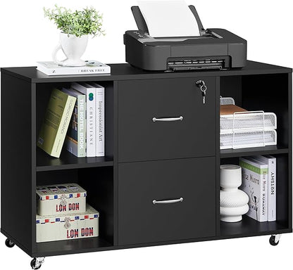 Yaheetech Black File Cabinet Large Mobile Storage Lateral Filing Cabinet with 2 Drawer and 4 Open Compartments,for Letter Size A4 Size, Printer Stand for Home Office, Black