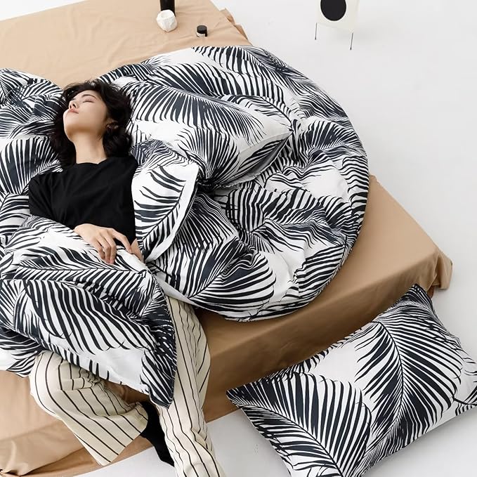 Black Leaves Comforter Queen Black and White Palm Leaf Printed Comforter Sets Modern Boho Black Tropical Botanical Leaves Bed Quilts for Women Men Soft Floral Palm Black Queen Comforters