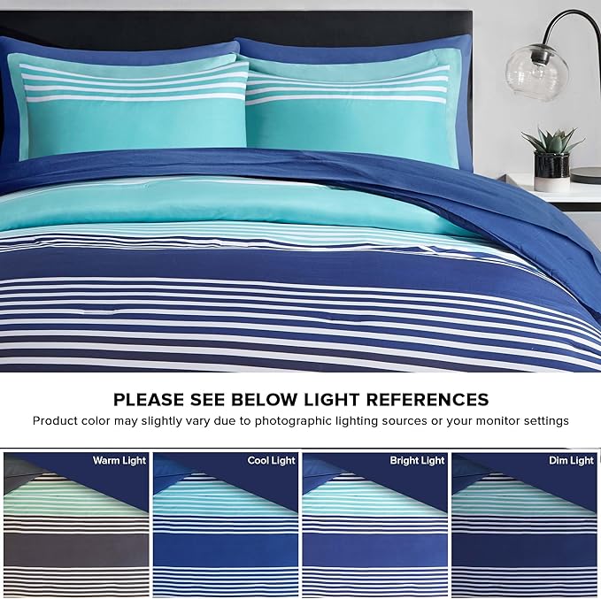 Comfort Spaces Twin Comforter Sets with Sheets - Bed in a Bag 6 Pieces Teen Bedding Sets Twin, Navy and Grey Stripes Bedding Twin, College Twin Bed Set, 2 Side Pockes Bedroom Organizer Twin Navy