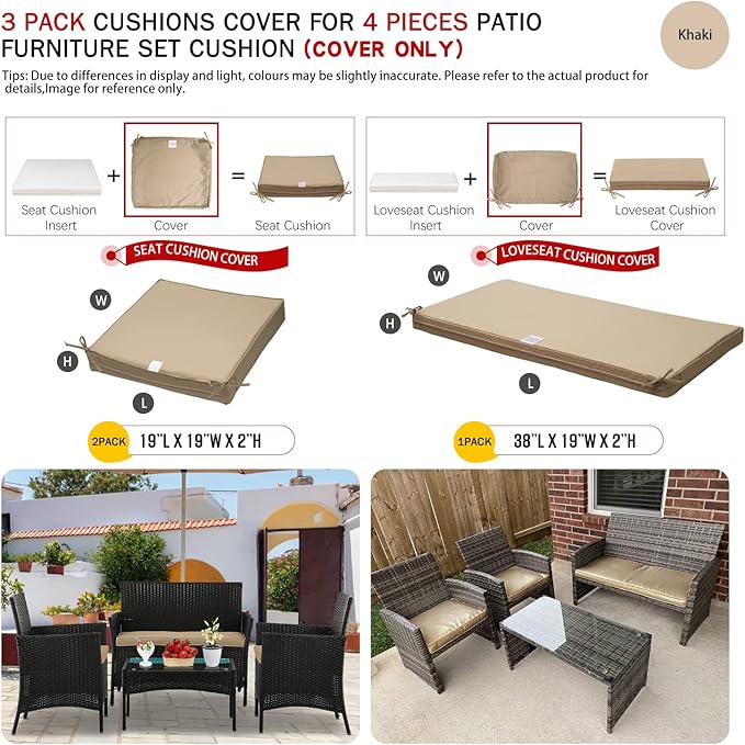 ClawsCover 3Pack Outdoor Seat Cushions Replacement Covers Fit for 4 Pieces Wicker Rattan Furniture Patio Conversation Set Loveseat Chair, 38x19x2,19x19x2,Light Khaki-Large(Include Cover Only)