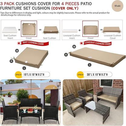 ClawsCover 3Pack Outdoor Seat Cushions Replacement Covers Fit for 4 Pieces Wicker Rattan Furniture Patio Conversation Set Loveseat Chair, 38x19x2,19x19x2,Light Khaki-Large(Include Cover Only)