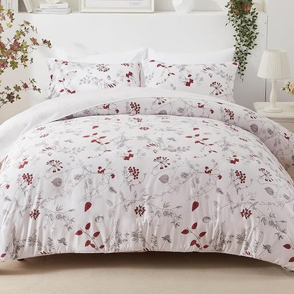 EMME Queen Comforter Set - Red Floral Bedding Set 7 PCS with Flowers Leaves Pattern, Soft Plant Printed Botanical Bed Set with Sheets, Fluffy Bed Bag for All Season(90"X90")