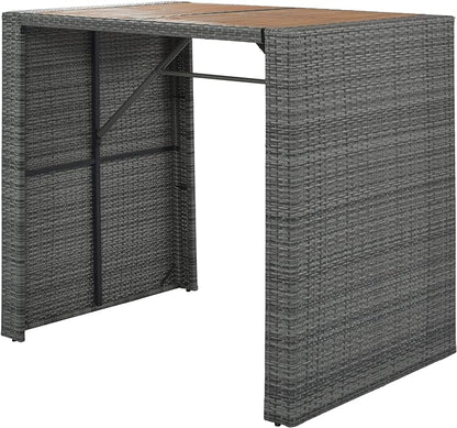 Outdoor Dining Set for 4, Rattan Patio Table with Acacia TableTop, Bar-Height Chairs, Fixed Rope, Removable Cushion, Garden Furniture, Onesize, Brown Wood+Gray Wicker
