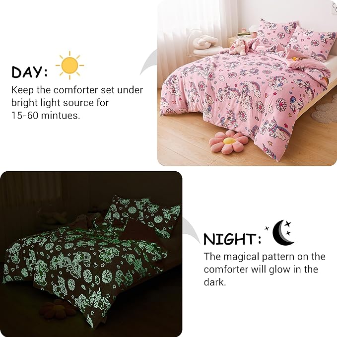 Mooreeke Glow in The Dark Full Plush Fleece Comforter Bed Set, Soft & Warm 3 Piece Bed in A Bag with Sham, Velour Velvet Pink Unicorn Girls Kids Bedding Set, Fluffy Fuzzy Polar Cozy and Stylish