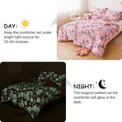 Mooreeke Glow in The Dark Twin Plush Fleece Comforter Bed Set, Soft & Warm 2 Piece Bed in A Bag with Sham, Velour Velvet Pink Unicorn Girls Kids Bedding Set, Fluffy Fuzzy Polar Cozy and Stylish