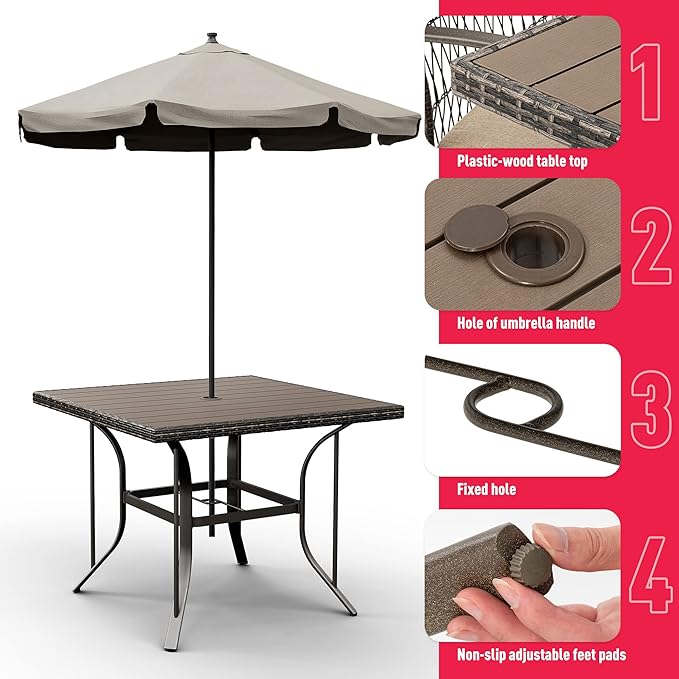 Pamapic Outdoor Piece Patio Dining Set, Weather Resistant PE Rattan Table and Chairs, Comfortable Cushions, Easy Maintenance, 5 PCS, Beige