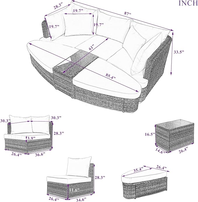 6-Piece Patio Round Sofa Set Rattan Daybed with Coffee Table and Cushions, Outdoor Furniture Conversation Sectional Seating Group for Garden, Poolside, Backyard, Onesize, Beige