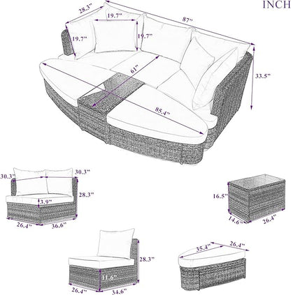 6-Piece Patio Round Sofa Set Rattan Daybed with Coffee Table and Cushions, Outdoor Furniture Conversation Sectional Seating Group for Garden, Poolside, Backyard, Onesize, Beige