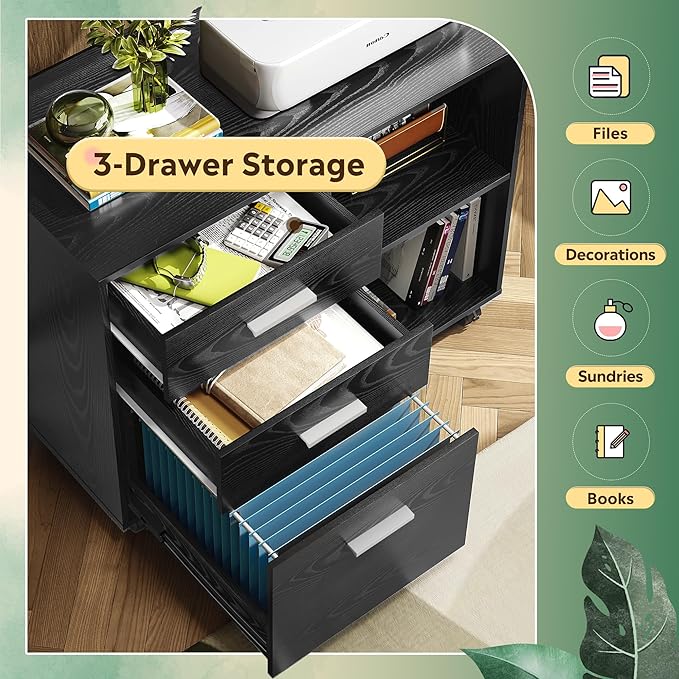 DEVAISE 3-Drawer Wood File Cabinet, Mobile Lateral Filing Cabinet, Printer Stand with Open Storage Shelves for Home Office, Black