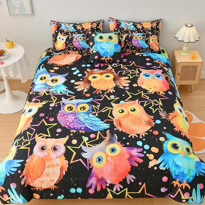 DORCAS Full Bedding Set with Comforter, Sheets for Kids, 6 Pieces, Owl, All Seasons, Unisex, Polyester, Machine Wash, Cute Owl Theme Design