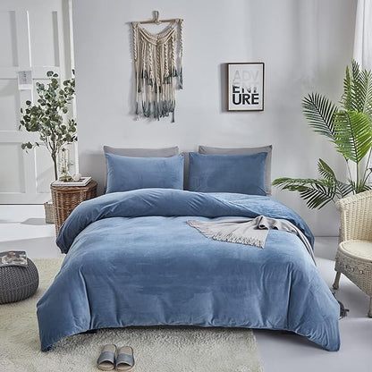 Wellboo Blue Velvet Bedding Comforter Sets California King Adults Men Solid Lake Blue Fluffy Comforters Cotton Women Plain Haze Blue Flannel Quilts Cal King Micromink Sherpa Blankets Aesthetic Bed
