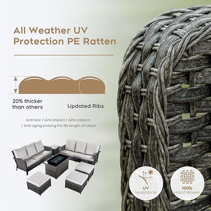 Yechen Patio Conversation Set 10 Seats with 44" Propane Gas Fire Pit Table - 7 Pcs Outdoor Wicker Furniture Set with Lid & Wind Shields - Sectional Sofa Set for Porch,Backyard