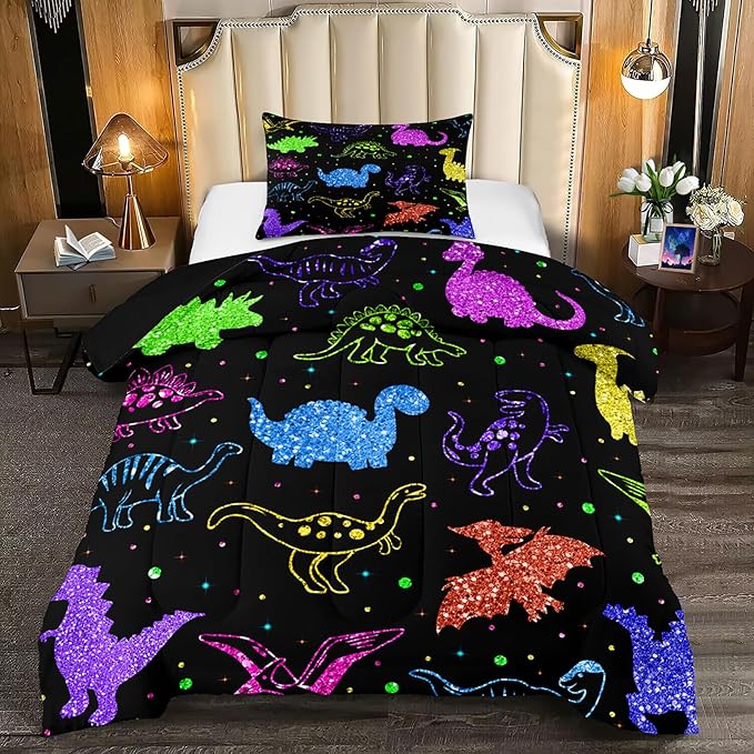 Dinosaur Twin Bedding Set, Cartoon Kids Bedding Dinosaur Twin Size Comforter Set for Boys Teen Soft Breathable Black Dinosaur Comforter Set Twin (1 Comforter 1 Pillowcase)