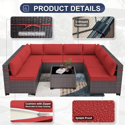 Patio Furniture Set 9-Pieces Outdoor Furniture for Backyard Wicker Sectional Sofa Set, Rattan Patio Conversation Set with Thickened Cushions and Glass Coffee Table, Red