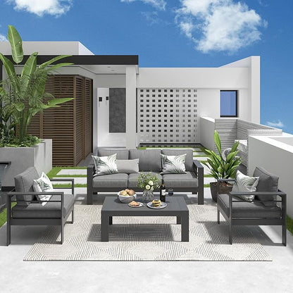 Solaste Aluminum Patio Furniture Set, 4 Pcs Modern Outdoor Conversation Set Sectional Sofa with Upgrade Cushion and Coffee Table,Grey