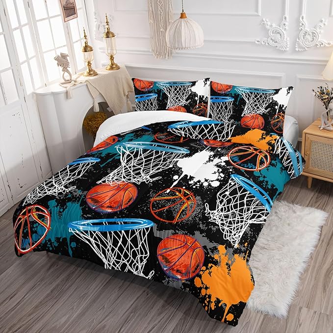 Axolotl Basketball Comforter Set Queen,Sports Comforter Set,Basketball Bedding Set,Sports Theme Comforter Set,Grunge Bedding Aesthetic Cool Style for Boys Kids Men,1 Quilt 2 Pillowcases,Black Blue