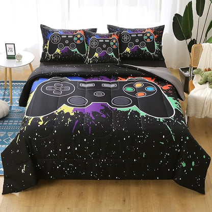 JQinHome Twin Gamer Comforter Sets for Boys&Girls ,6 Piece Bed in A Bag 3D Video Game Bedding -All Season Microfiber Gamer Bedding Sets for Kids, with Pillowcase, Flat & Fitted Sheet,Cushion Cover